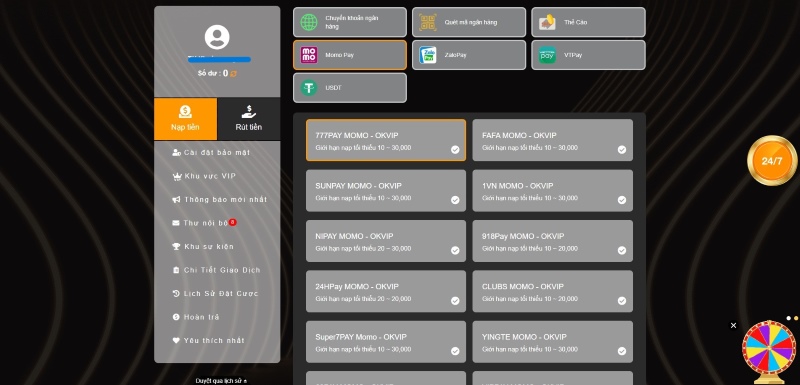Nạp tiền qua ví điện tử Momo